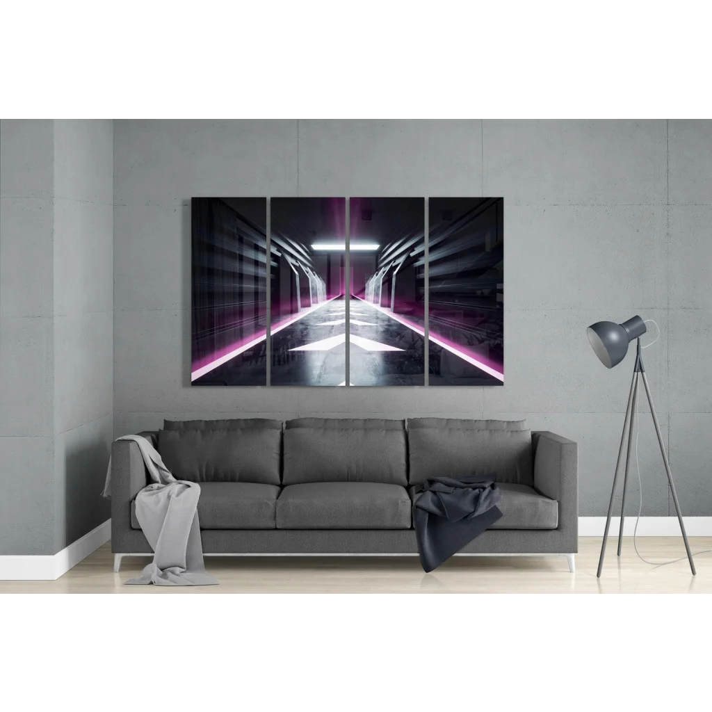 Sleek neon tunnel glass wall art four panel canvas print