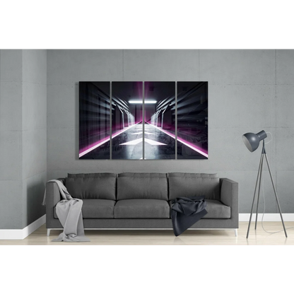 Sleek neon tunnel glass wall art four panel canvas print