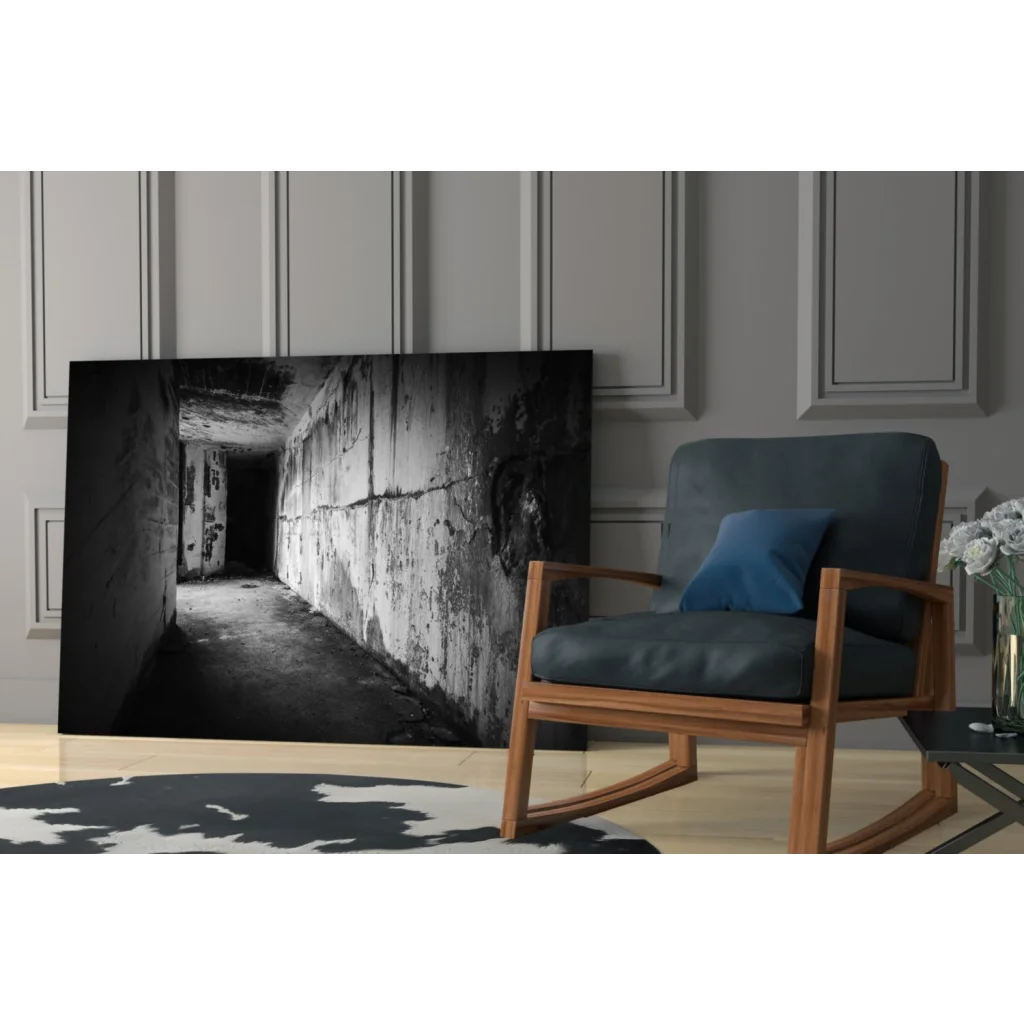 Grayscale canvas wall art of gritty concrete tunnel hallway