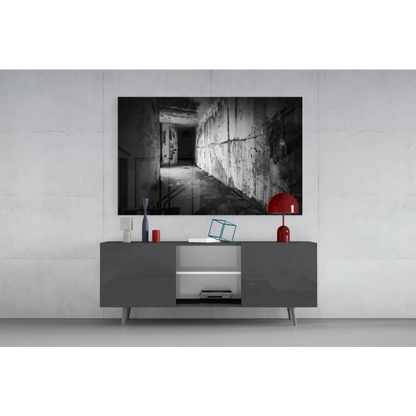 Red glossy dome table lamp on urban concrete hallway wall art print