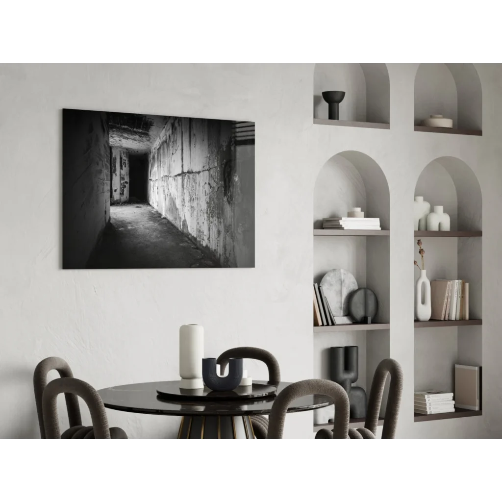 Black-and-white canvas wall art of dimly lit urban concrete hallway