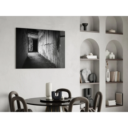 Black-and-white canvas wall art of dimly lit urban concrete hallway