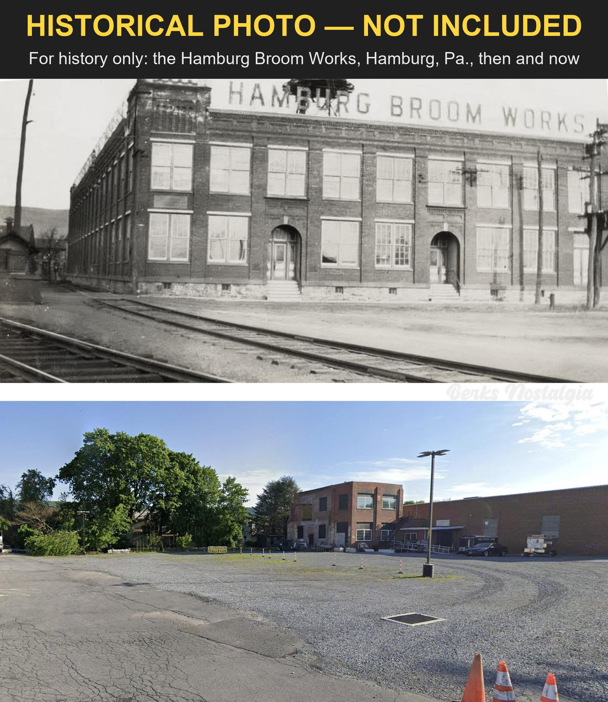 Historical photo, not included: the Hamburg Broom Works factory in an old photograph beside the railroad tracks, above the empty lot where it stood, banded HISTORICAL PHOTO - NOT INCLUDED