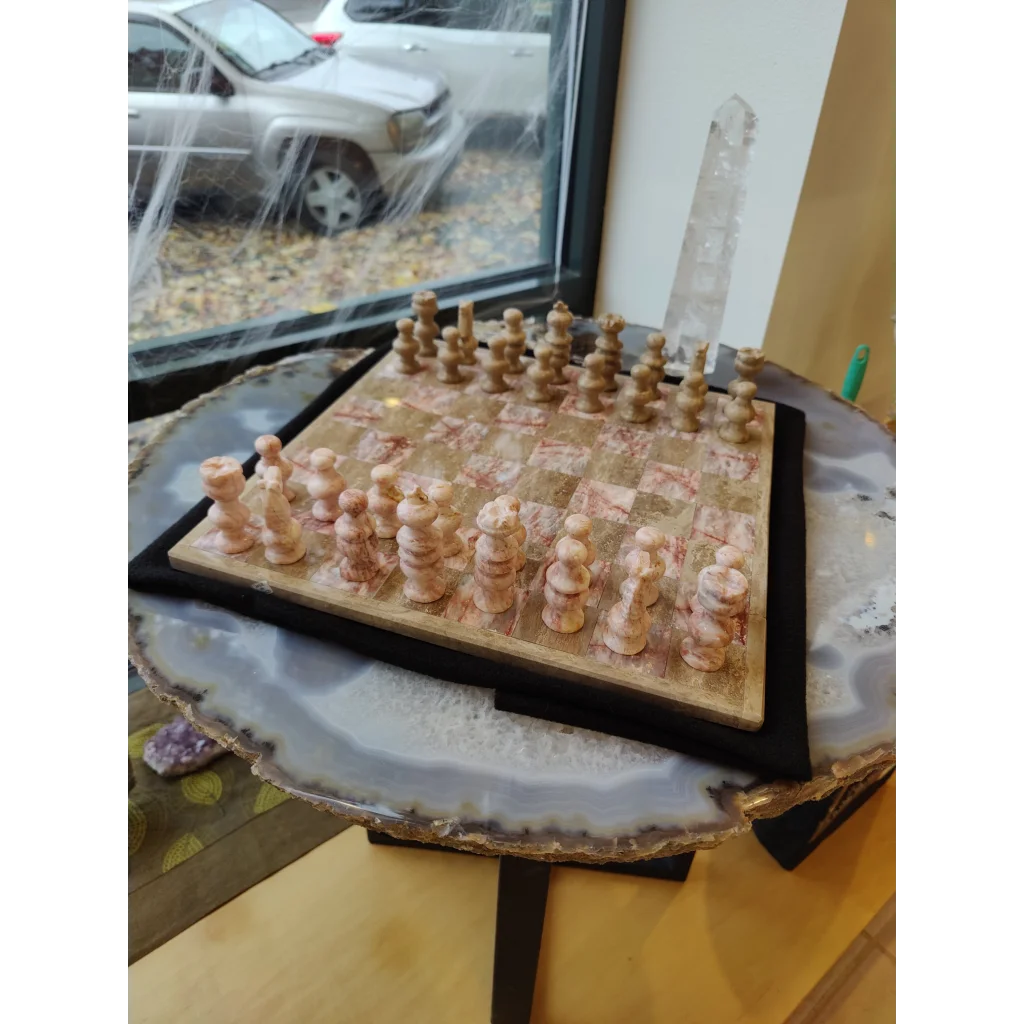 Hand carved chess set in stunning pink marble