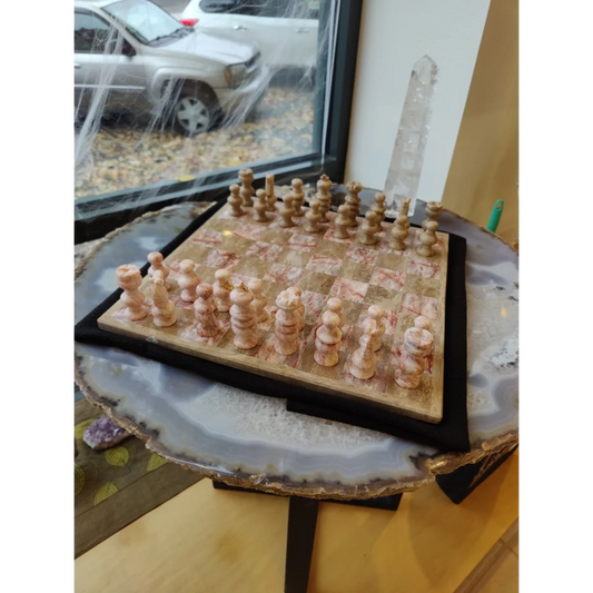 Hand carved chess set in stunning pink marble