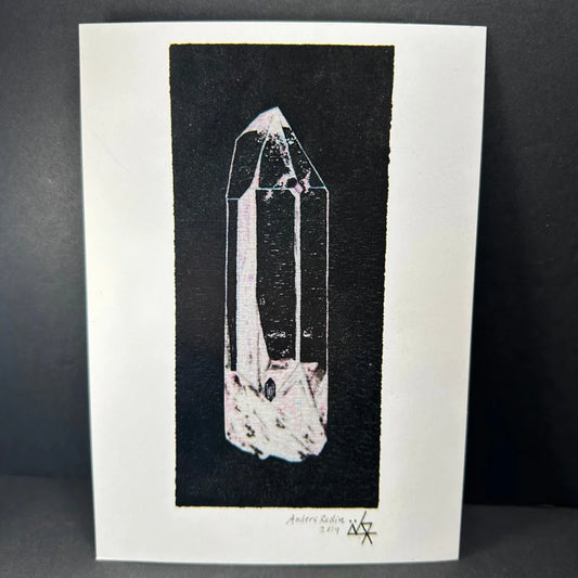 Hand drawn quartz crystal postcard with pink tones and facets