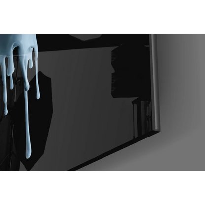 Sleek dark gray monitor in dripping blue hand glass wall art print