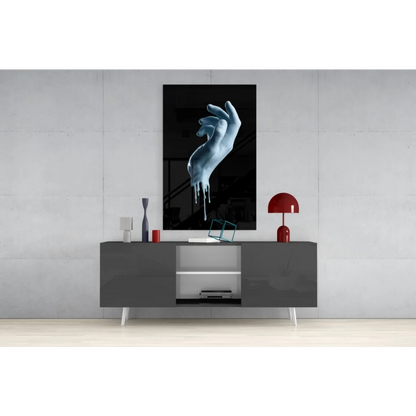 Striking black-and-white glass wall art canvas print with dripping blue hand