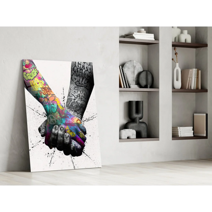 Vibrant graffiti hands unity canvas wall art print with clasped tattooed hands