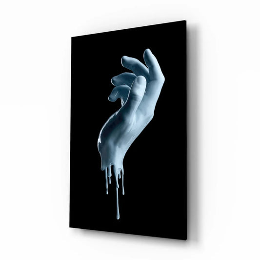Striking dripping blue hand glass wall art canvas print on black background
