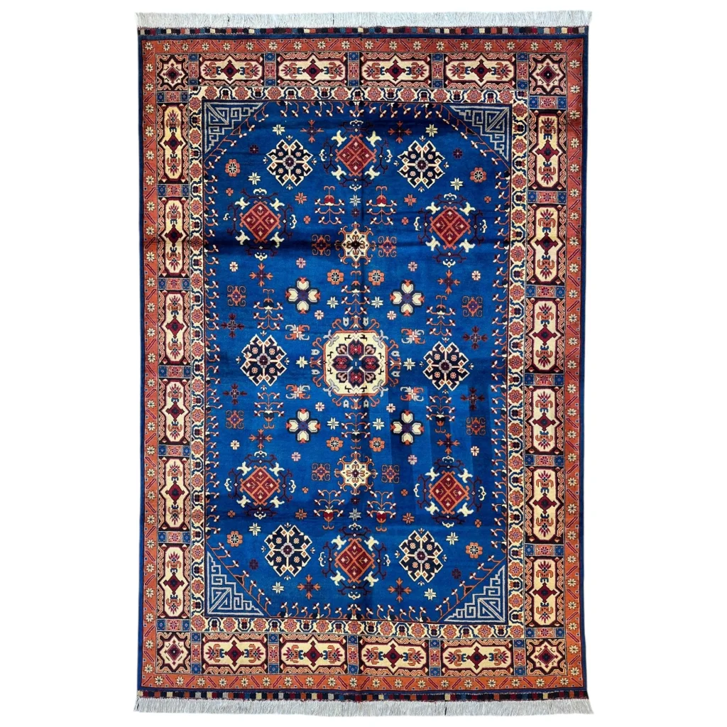 Hand-knotted Afghan Kazak rug with vibrant geometric design in wool