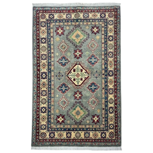 Hand-knotted Afghan Kazak rug with cotton foundation, intricate geometric floral patterns in sage green, burgundy, cream, navy