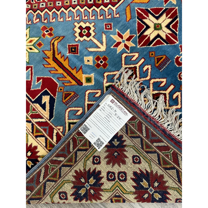 Vibrant blue hand-knotted Afghan Kazak rug with cotton foundation and intricate patterns