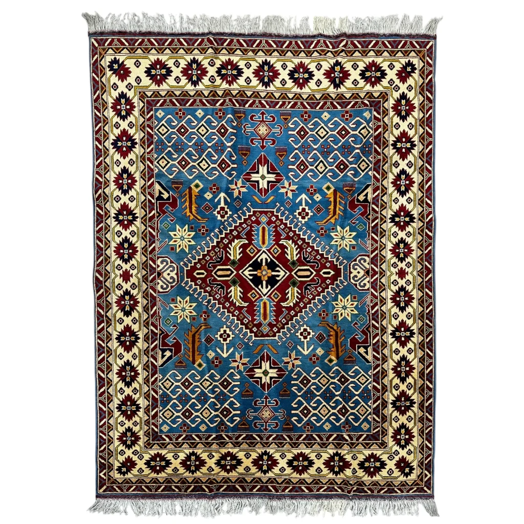 Hand-knotted Afghan Kazak rug in blue-red geometric patterns with cotton foundation