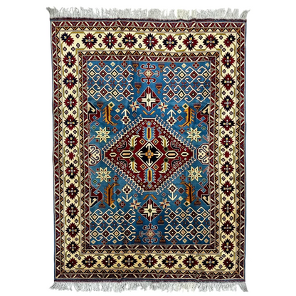 Hand-knotted Afghan Kazak rug in blue-red geometric patterns with cotton foundation