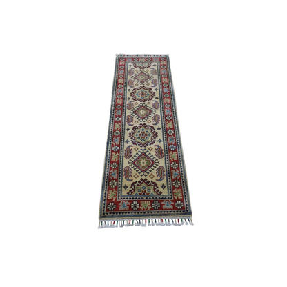 Hand-knotted Afghan Kazak runner rug with cotton foundation, beige red patterns