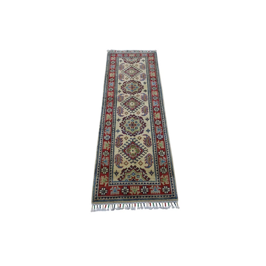 Hand-knotted Afghan Kazak runner rug with cotton foundation, beige red patterns