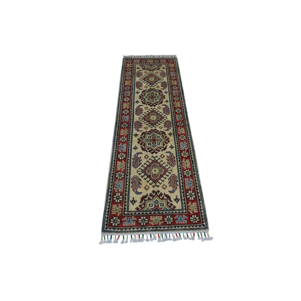 Hand-knotted Afghan Kazak runner rug with cotton foundation, beige and red geometric patterns