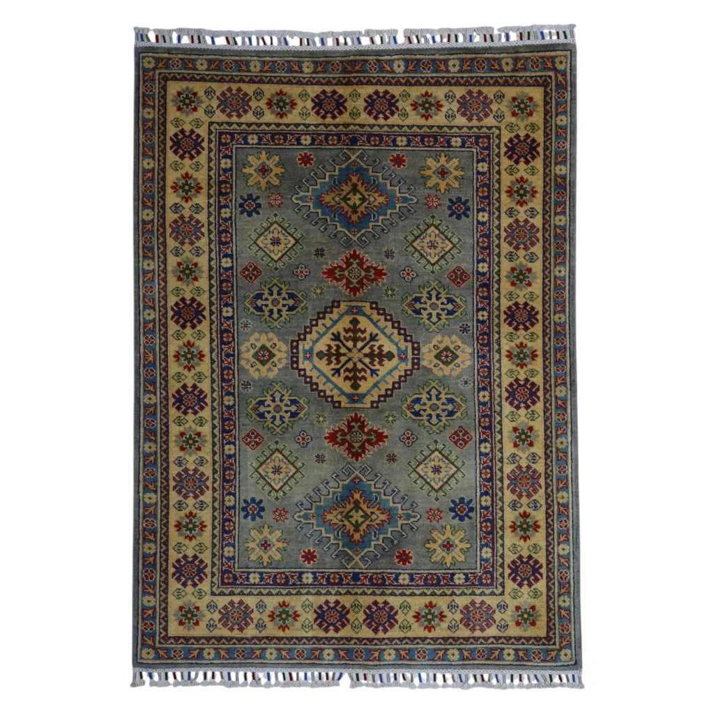 Hand-knotted Afghan Kazak wool rug with cotton foundation, gray beige geometric patterns