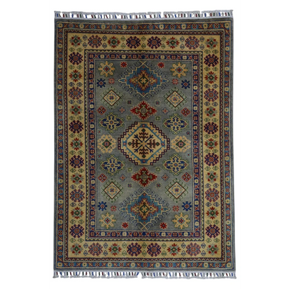 Hand-knotted Afghan Kazak wool rug with cotton foundation, gray beige geometric patterns