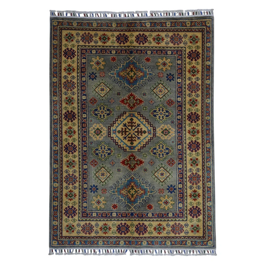 Hand-knotted Afghan Kazak wool rug with cotton foundation, gray beige geometric patterns