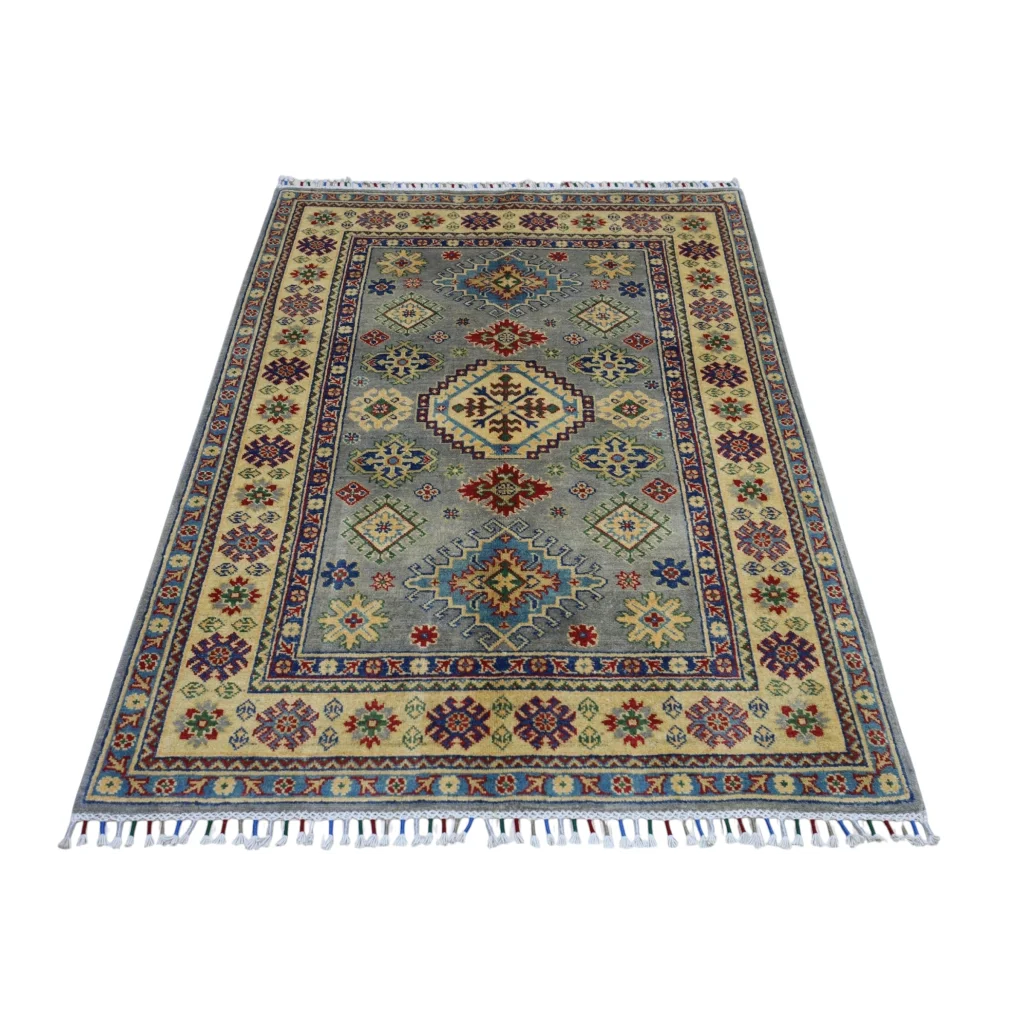 Hand-knotted Afghan Kazak wool rug with cotton foundation, gray field, intricate patterns