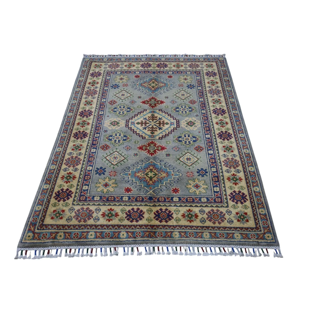 Hand-knotted Afghan Kazak wool rug with cotton foundation, blue geometric patterns
