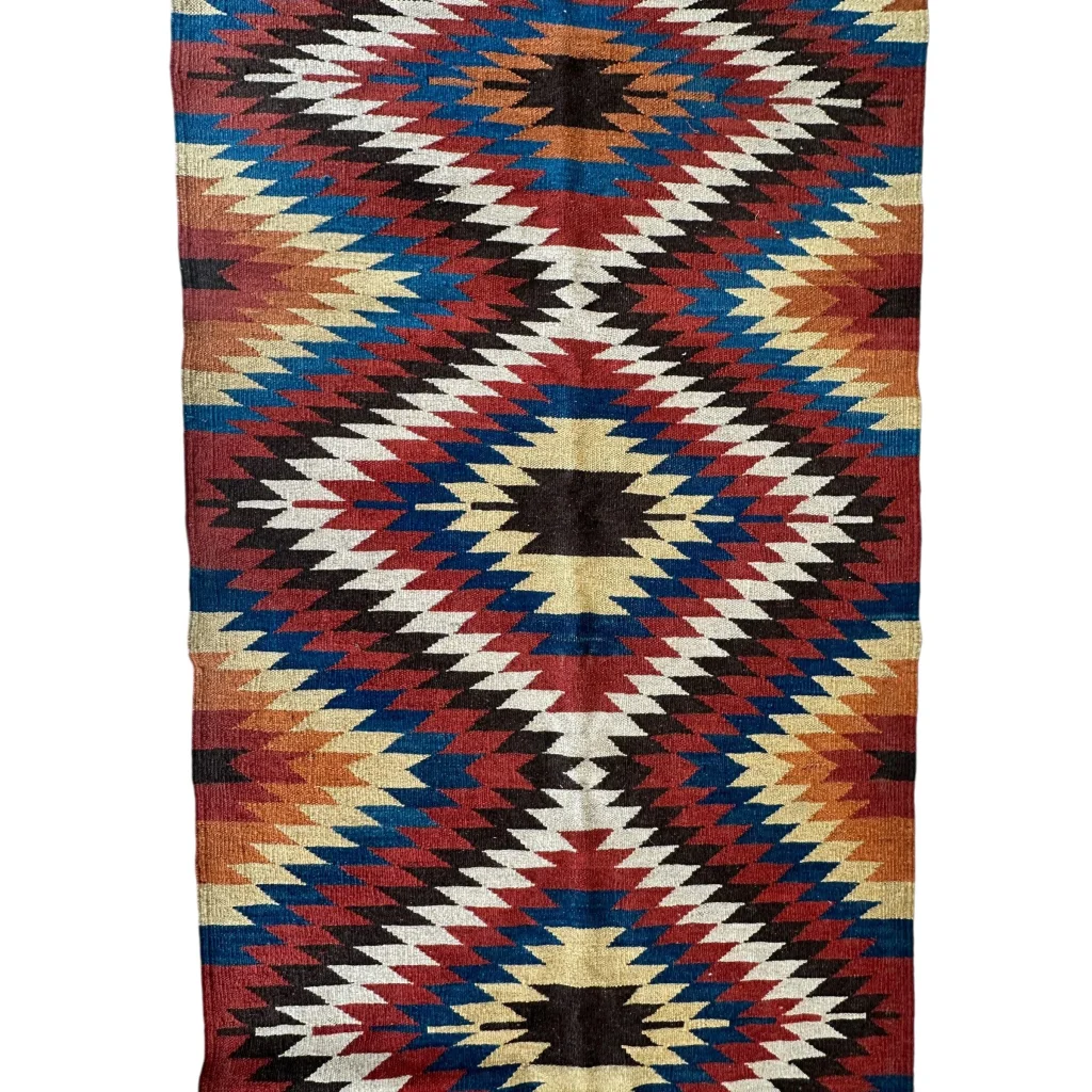 Hand-knotted Afghan kilim wool runner rug in vibrant geometric design