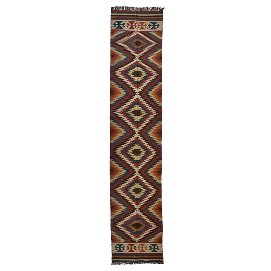 Hand-knotted Afghan kilim wool runner rug with geometric design in earthy tones