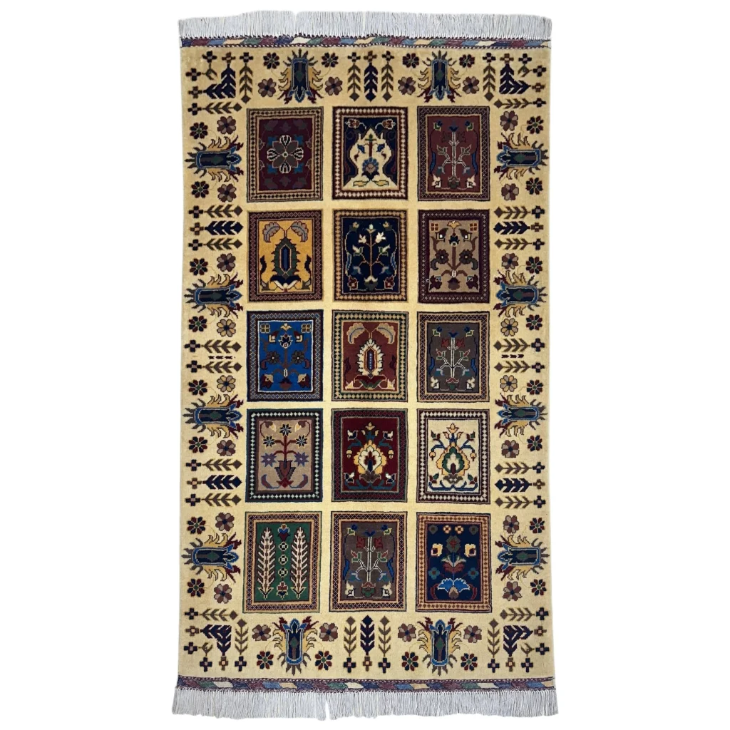 Afghan Bakhteiari hand-knotted rug with wool pile on cotton foundation, colorful floral garden panels