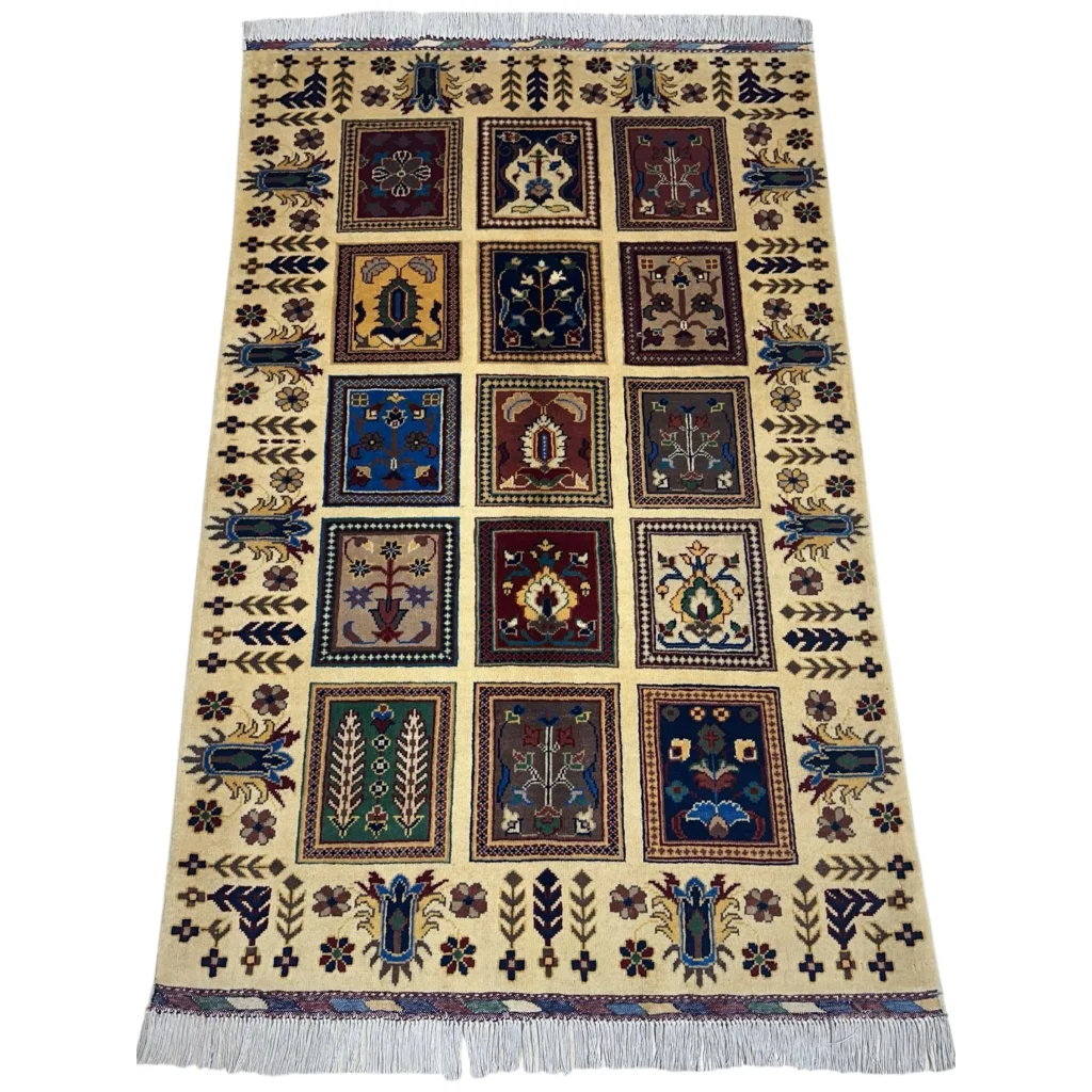 Afghan Bakhteiari hand-knotted rug in cream with cotton foundation and colorful floral garden panels
