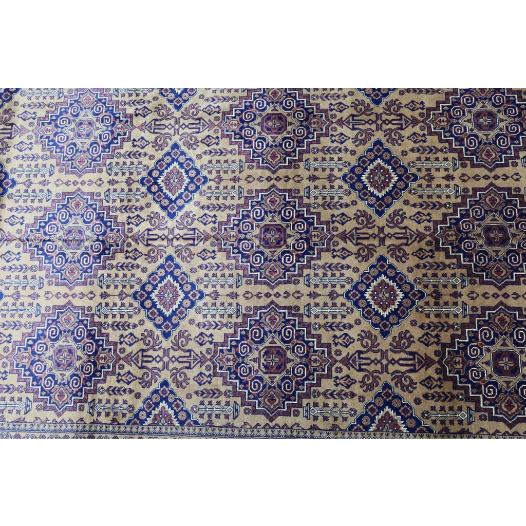 Hand-knotted Afghan Zerkhaki rug in beige and deep blue geometric patterns with cotton foundation