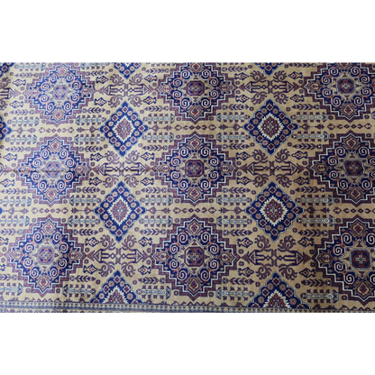 Hand-knotted Afghan Zerkhaki rug in beige and deep blue geometric patterns with cotton foundation