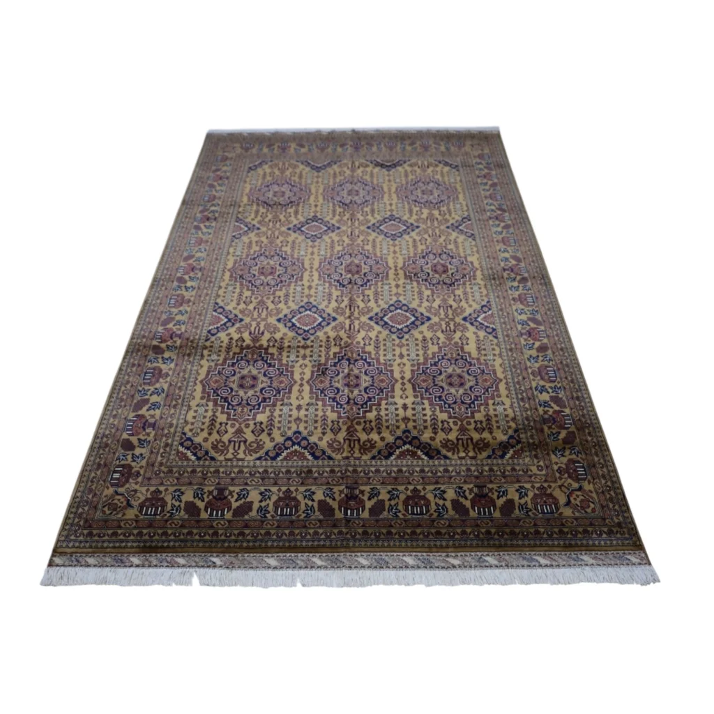Hand-knotted Afghan Zerkhaki rug in beige-purple geometric pattern with cotton foundation