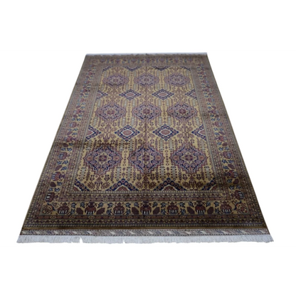 Hand-knotted Afghan Zerkhaki rug in beige-purple geometric pattern with cotton foundation