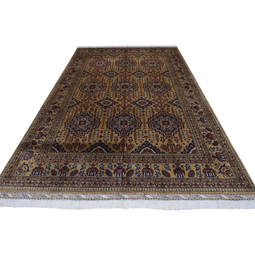 Hand-knotted Afghan Zerkhaki rug with cotton foundation, beige-brown geometric floral pattern