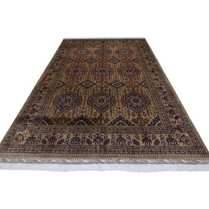Hand-knotted Afghan Zerkhaki rug with cotton foundation, beige-brown geometric floral pattern
