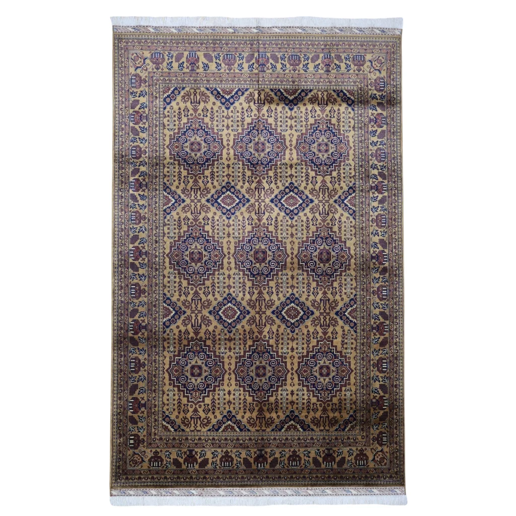 Beige and deep purple ornate Persian rug with cotton foundation