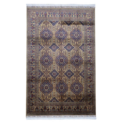 Beige and deep purple ornate Persian rug with cotton foundation
