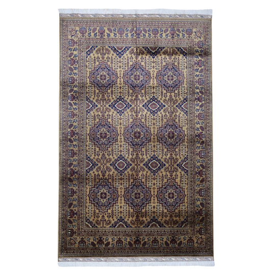 Beige and deep purple ornate Persian rug with cotton foundation