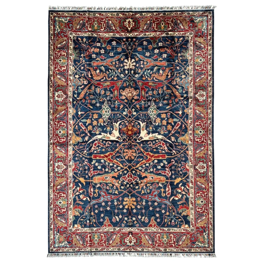 Deep blue Ghazni wool rug with intricate floral motifs, 6’7’’ x 9’10