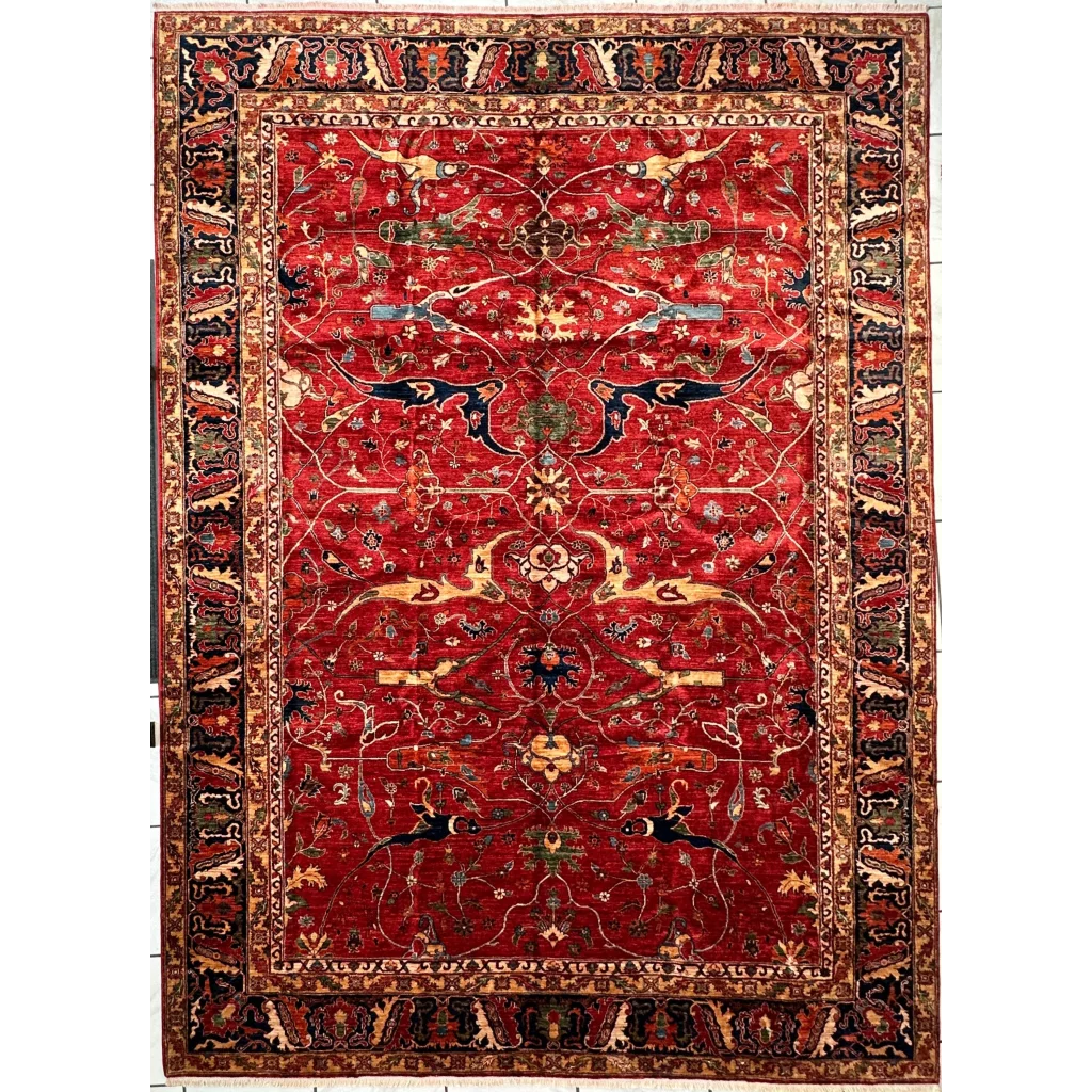 Vibrant red Afghani Bidjar rug with intricate geometric floral motifs in gold, green, black, on 9x12.6 ft ghazni wool base