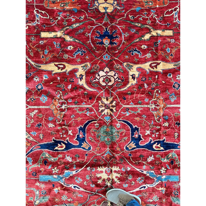 Vibrant red Afghani Bidjar rug with intricate geometric floral patterns