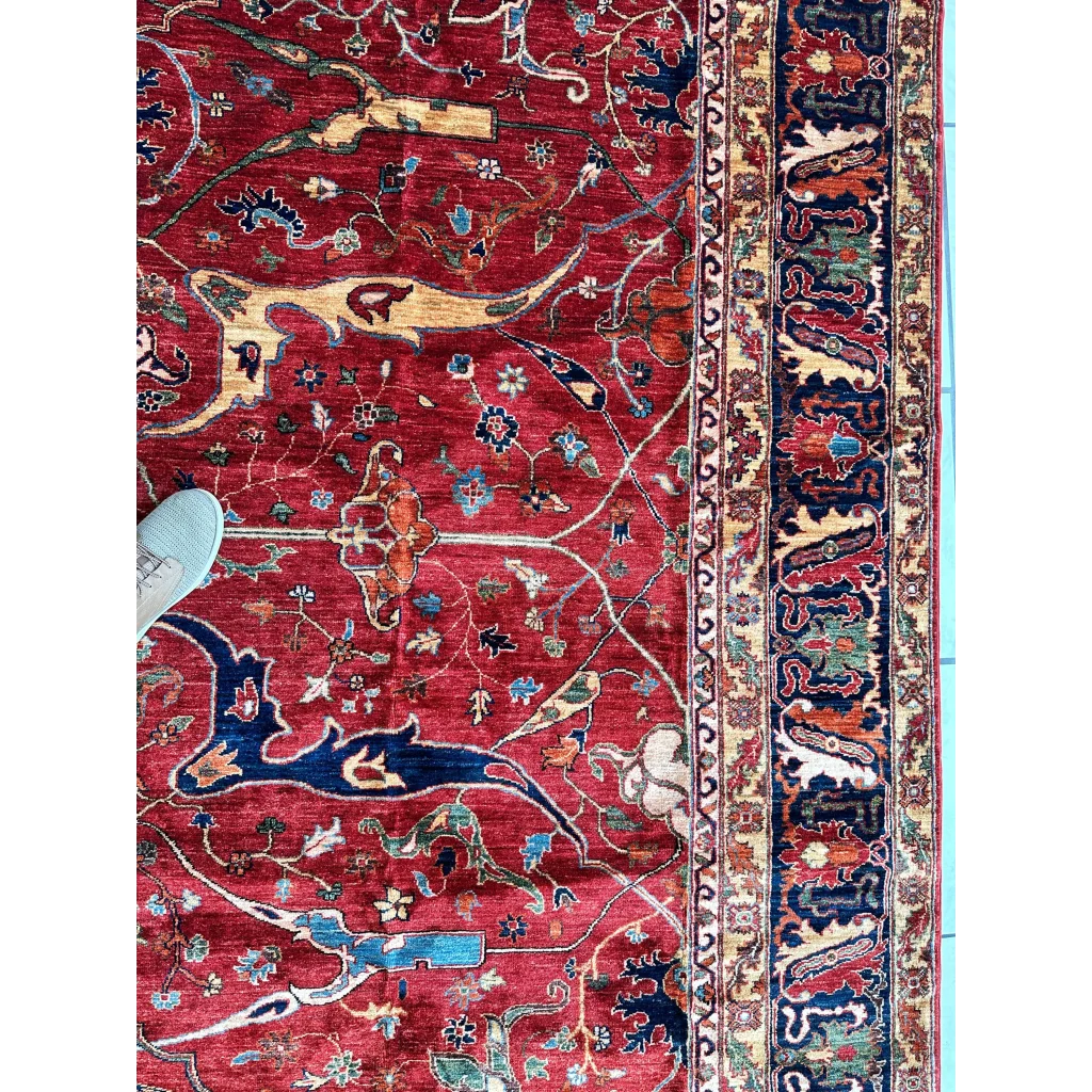 Rich red Afghani Bidjar wool rug with intricate geometric floral motifs