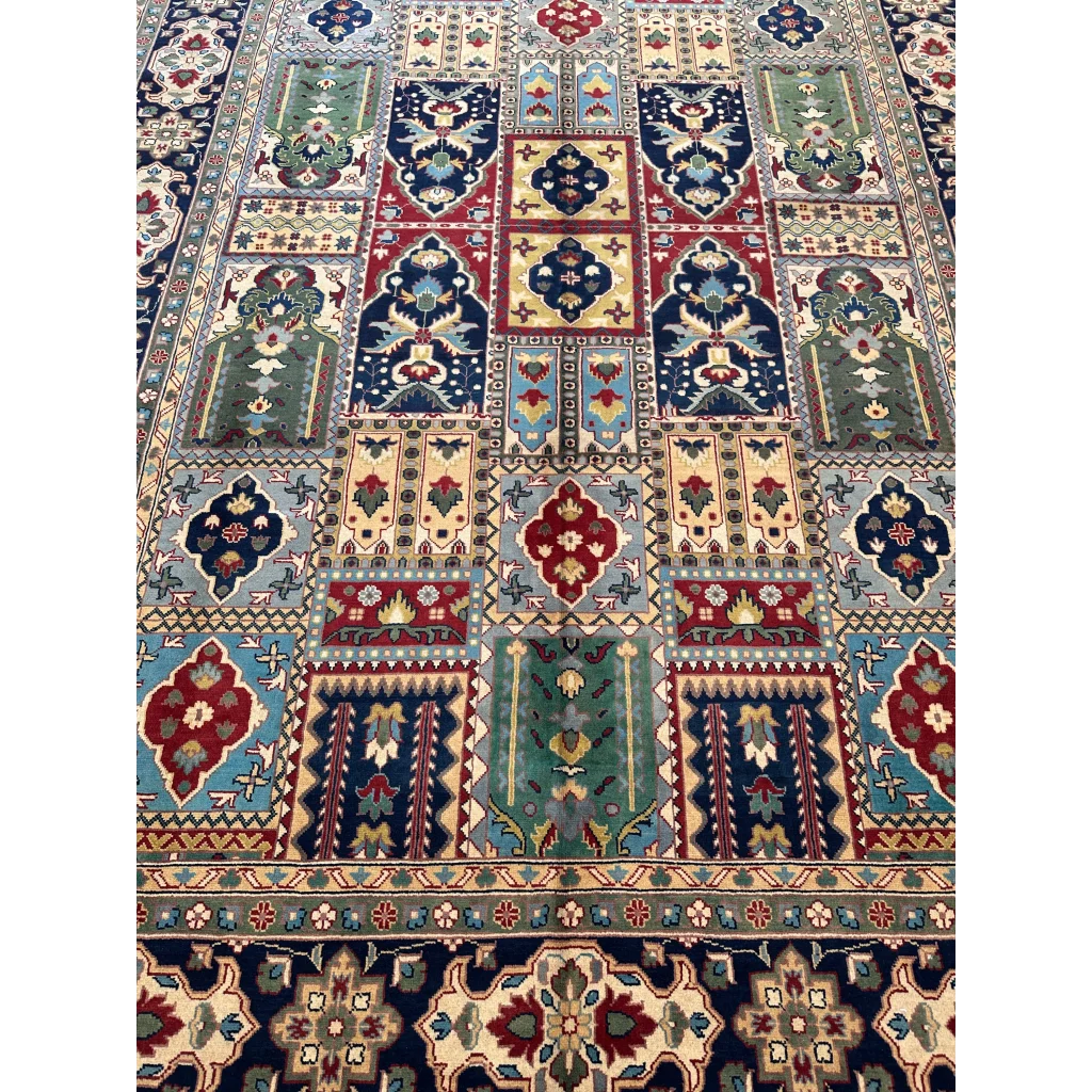 Vibrant Bakhtiari garden rug with bold Persian patchwork motifs