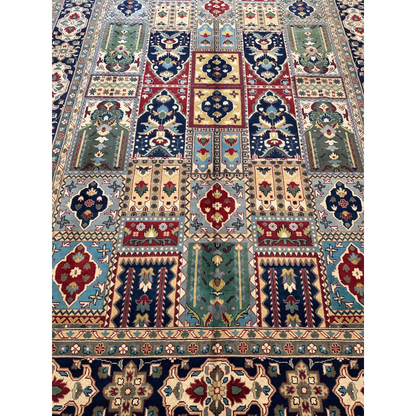 Vibrant Bakhtiari garden rug with bold Persian patchwork motifs
