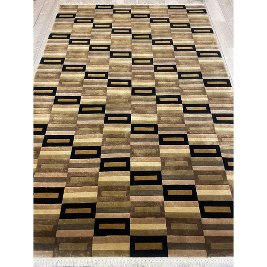 Hand-knotted 6x9 geometric wool rug from Nepal with beige-brown-black diamond stripes