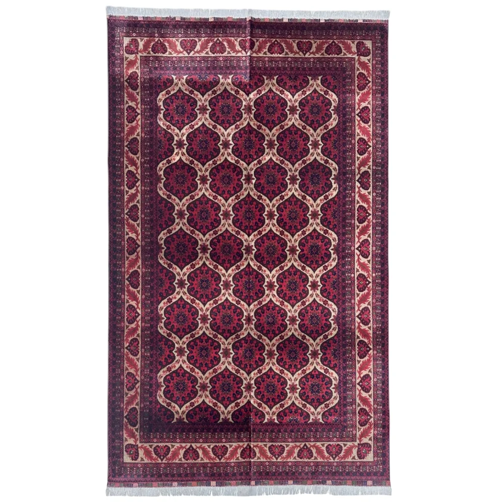 Hand-knotted Afghan heart shape rug in burgundy and cream with wool pile cotton foundation