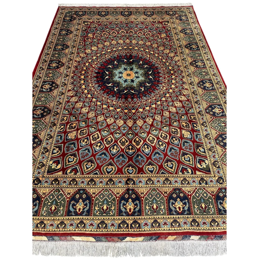 Richly patterned red and gold Parak rug with wool pile and cotton foundation