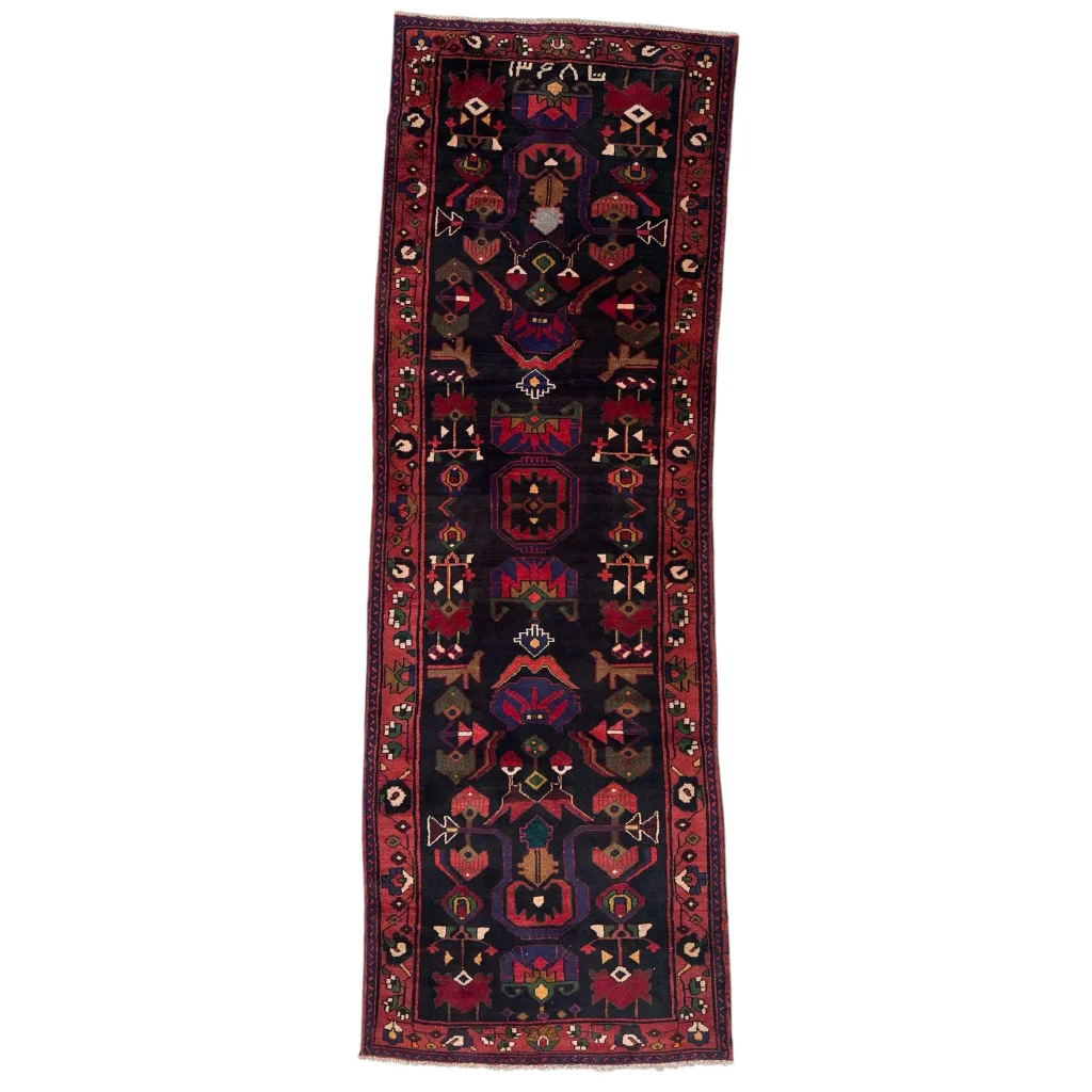 Dark blue Persian tribal Hamadan runner rug with intricate patterns